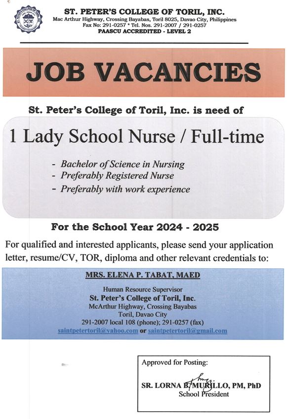 Job Vacancy School Nurse Fulltime